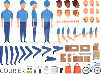 Courier box character animation. Body parts head arms cap hands of warehouse worker faces vector creation kit. Illustration of delivery animation worker man