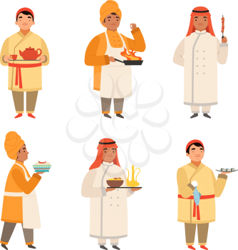 Traditional cook characters. Chef at different nationalities asian black indian and arab cooking at kitchen vector mascots. Illustration of chief traditional cuisine, cook character east and arabic