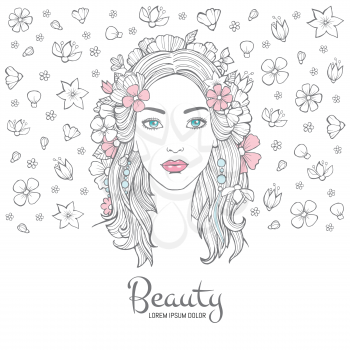 Cute woman portrait. Glamour fashion young beautiful woman flowers in hair and smile face vector background with place for your text. Illustration of face portrait, fashion young woman