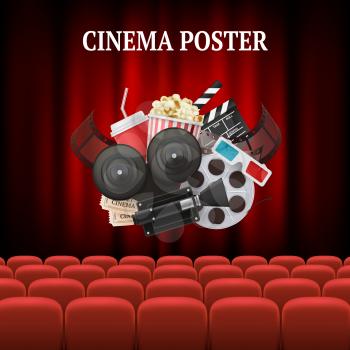 Movie chairs background. Red set cinema movie premier theater curtain concept vector background illustration. Movie and cinema, red chair in hall for entertainment cinema