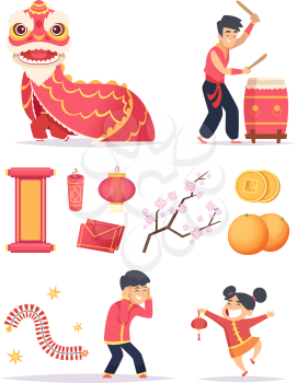 Chinese new year. Dragon firecrackers paper lantern and happy kids characters celebrate 2019 vector pictures. Illustration of celebration china new year