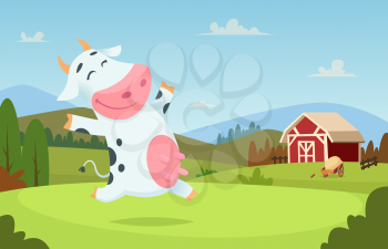 Cow at farm. Field ranch milk animals eating and playing on the grass alpes landscape vector cartoon character background. Illustration of cow on green field