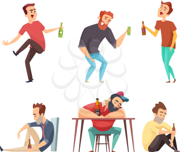 Addiction alcoholic. Addict peoples alcoholism and drugs drinking person beer vodka whiskey abuse vector characters isolated. Alcoholic man addict, person with drink illustration