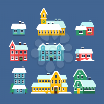 Snow roof houses. Cold season urban snowy city snowstorm with snowflakes vector flat illustrations. Home roof snowy, house in snowstorm and snowflake