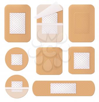 Medical plaster. Helthcare bandage tape path plastering various shapes and forms vector picture isolated. Illustration of plaster tape, bandage emergency