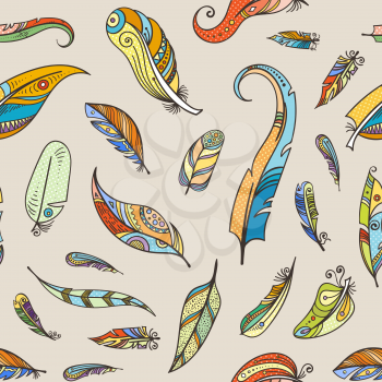 Vector boho doodle colored feathers seamless pattern or background illustration
