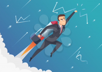 Success business. Businessman goes on to the moon flying on startup speed rocket improvement lift off vector concept. Businessman startup innovation, cartoon successful man illustration