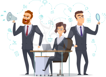 Business team. Success office managers coworking persons worked together with business items startup idea vector concept pictures. Businessman and woman, startup idea on workplace illustration