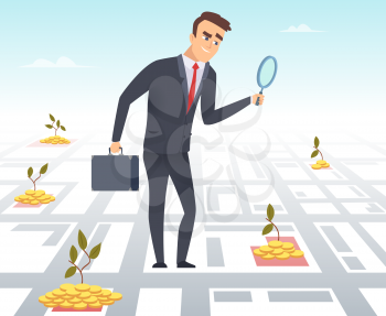 Business investor. Office manager director business successful person search finance opportunities magnifying looking at map. Illustration business investment finance, investor with magnifying glass