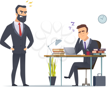 Lazy worker. Business office manager tired from routine work slipping at desk angry director standing vector concept scene. Business employee manager, businessman office illustration
