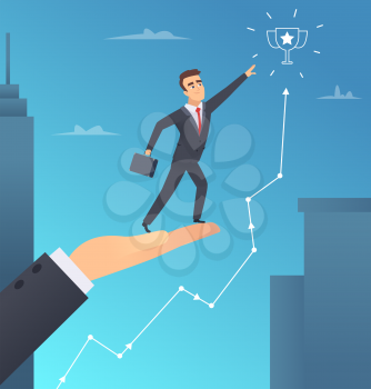 Business help. Investor hand assist to businessman succeed and get rewarded inspiration office manager vector concept illustration. Businessman help investor for growth career