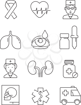 Health care line icons. Medical stroke symbols prescription doctor in hospital laboratory clinic health medicaments vector pictures. Illustration of medical doctor, laboratory icons for hospital