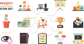 Project planning icon. Business strategy management processes map plan development dashboard crm system infographic vector flat symbols. Illustration of organization and management project