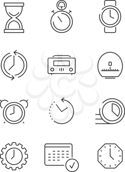 Time symbols. Calendar clock fast work time manageent thin linear icon vector collection. Illustration of time and calendar, clock hourglass and countdown