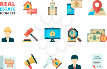 Real estate symbols. Business house rent property home sale manager realtor homeowner insurance building flat vector icons collection. Illustration of rent house, residential mortgage