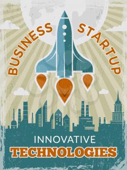 Rocket retro poster. Business startup concept with shuttle or spaceship vintage creative space 40s vector placard. Illustration of rocket and spaceship, shuttle startup launch