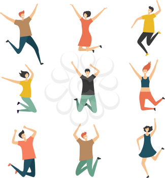 Happy people jumping. Celebrate jubilation jump group of man and women teens laughing cute and funny vector stylized characters. Illustration of jump happy people, young boy and girl