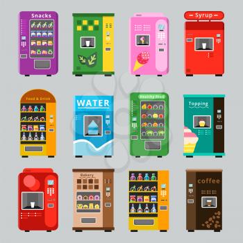 Vending machines collcetion. Merchandise concept with automatic selling various snacks water coffee and crisp food vector pictures. Illustration of retail vending machine with snack food