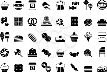 Black icon of sweets. Candies chocolate biscuits pie ice cream and pancakes monochrome vector silhouettes. Illustration of chocolate cake and biscuit, candy and pie