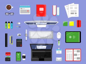 Office items top view. Business and finance tools manager workspace with paper books laptop pc vector elements isolated. Illustration of office view, business top desk, workspace organization