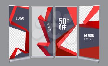 Roll up banners. Advertizing stand office mall presentation vertical poster vector template. Illustration of presentation layout vertical stand, advertising panel