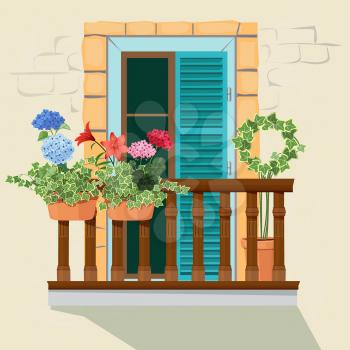 Balcony flowers. House facade window and decorative plants pots grow windowsill funny spring sunlight home appartment vector background. Illustration of facade balcony for home