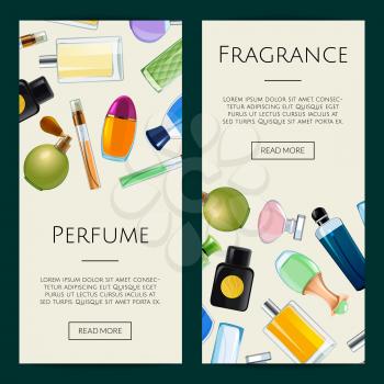 Vector perfume bottles web banner templates illustration. Advertising colored poster