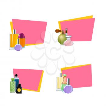 Vector perfume bottles stickers with place for text set illustration isolated on white background