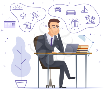 Businessman dreaming. Successful office manager sitting and thinking about house car and trophies vector cartoon character. Businessman manager dream on workplace, think pensive sitting illustration