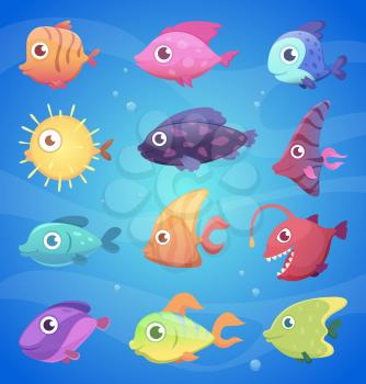 Colorful cartoon fish. Funny underwater animals with big eyes ocean and sea life vector illustrations. Fish underwater for game, sea and aquarium life