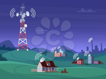 Landscape wireless tower. Satelite antena mobile coverage television radio cellular digital signal vector illustration. Communication antenna tower for internet broadcast