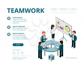Business meeting landing. Company managers financial director consultation management vector web pages template vector isometric. Meeting teamwork, management infographic analysis illustration