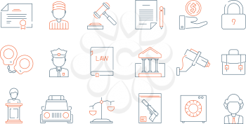 Law thin symbols. Licence accounting legal justice lawyer vector linear colored icon collection. Illustration of legal justice, court and lawyer