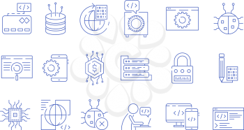 Coder icons. Programmer computer software expert input ends execute cluster bugs fix testing systems java code vector symbols. Illustration of software programmer, system programming and coding