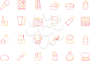 Beauty icons. Makeup items for women lipstick nail polish cream eyeshadows cosmetics vector colored symbols. Illustration of cosmetic brush and perfume