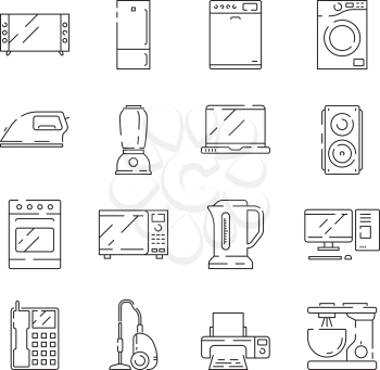 Home appliances icon. Electrical household items computer tv refrigerator microwave vector thin line isolated. Illustration of microwave and electric household, refrigerator and oven
