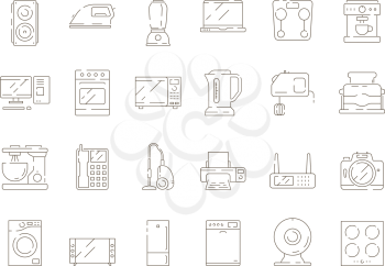 Home households items. Kitchen electrical appliances mixer microwave tv computer refrigerator vector thin line icons. Kitchen household, equipment blender and refrigerator illustration