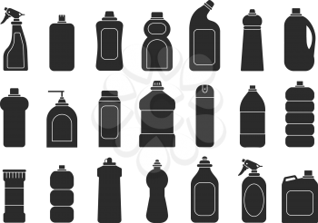 Cleaning bottles silhouettes. Laundry detergent chemical sanitary freshener tools for housework vector illustrations. Detergent container, chemical bottle black silhouette