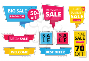 Trendy flat banners. Offers advertizing discount tags promo labels stickers graphic vector colored shapes. Illustration of discount and sale offer, promo special