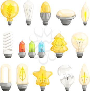 Light bulbs. Modern lamp save energy fluorescent lighted halogen vector cartoon pictures collection. Illustration of lamp bulb, light electricity, lighted halogen