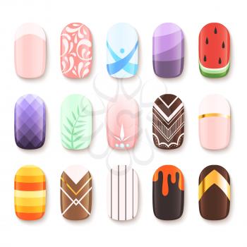 Nail designs. Colored template of finger art design vector pictures cartoon. Illustration of manicure nail, beauty polish glamour