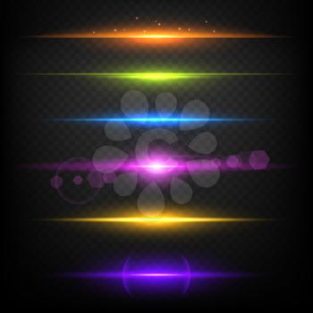 Line glow borders. Neon light illuminated linear burst vector template. Illustration of glow light line, color neon ray of set