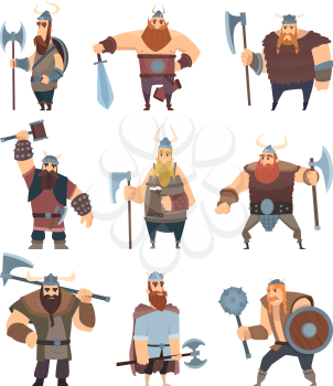 Viking cartoon. Mythology of medieval warrior norse people vector characters. Illustration of warrior with beard in helmet, viking with weapon