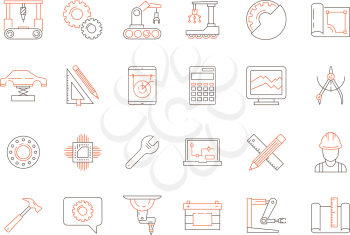 Engineering colored icon. Production support software mechanical work electronical and technician tools vector thin line symbols. Illustration of engineering and manufacturing work