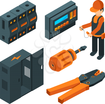 Electrical systems isometric. Electrician worker with industrial power tools for repair and setup unit vector 3d. Isometric worker electrician, repairman technician, maintenance system illustration