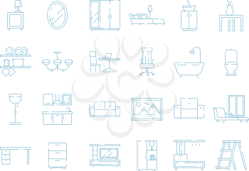 Room furniture icon. Bed table desk chair sofa vector thin symbols pictograms. Illustration of furniture table and sofa, chair and desk
