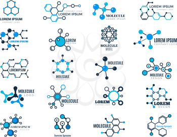 Molecular logotypes. Evolution concept formula chemistry genetic technology medical information node cell vector illustrations. Dna molecular, chemistry formula atom