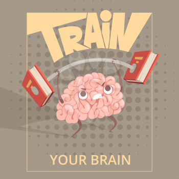 Sport brain poster. Cartoon mind making exercises power training vector placard. Illustration of education and training exercise for health brain