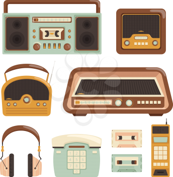 Retro radio. Electronic technology 80s telephone photo camera media items vector illustrations. Radio stereo, electronic cassette recorder
