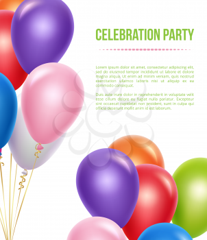 Advertizing poster with balloons. Transparent colored flying helium balloons for surprise birthday party vector background. Air balloon for birthday, realistic poster illustration